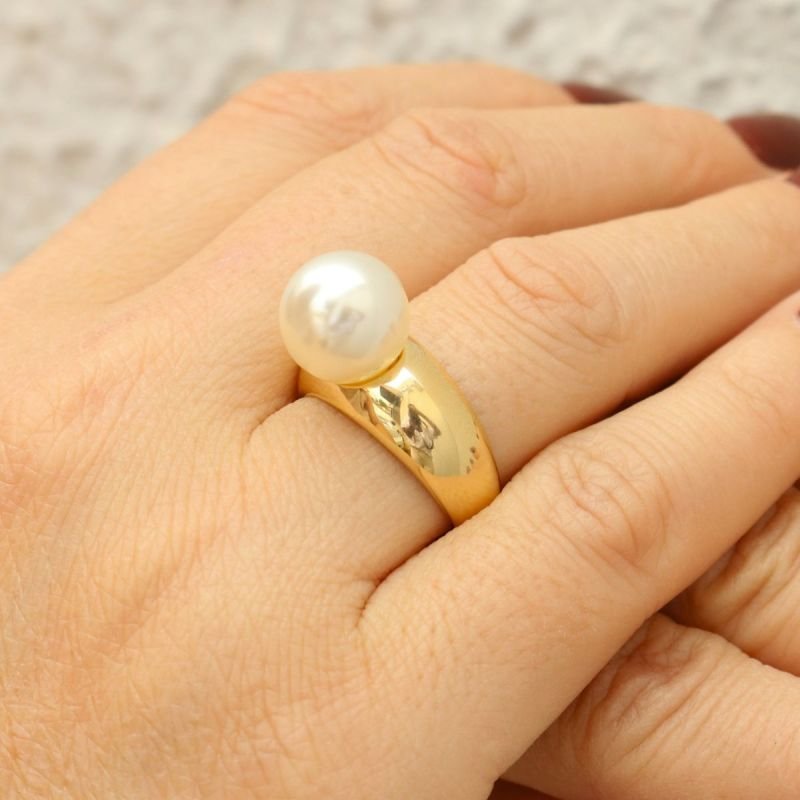Anel Baulado com Pérola Banhado a Ouro 18k
