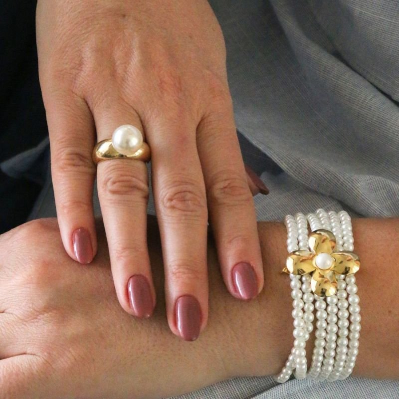 Anel Baulado com Pérola Banhado a Ouro 18k