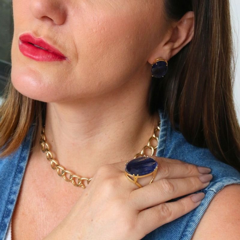 Anel com Cristal Azul Banhado a Ouro 18k