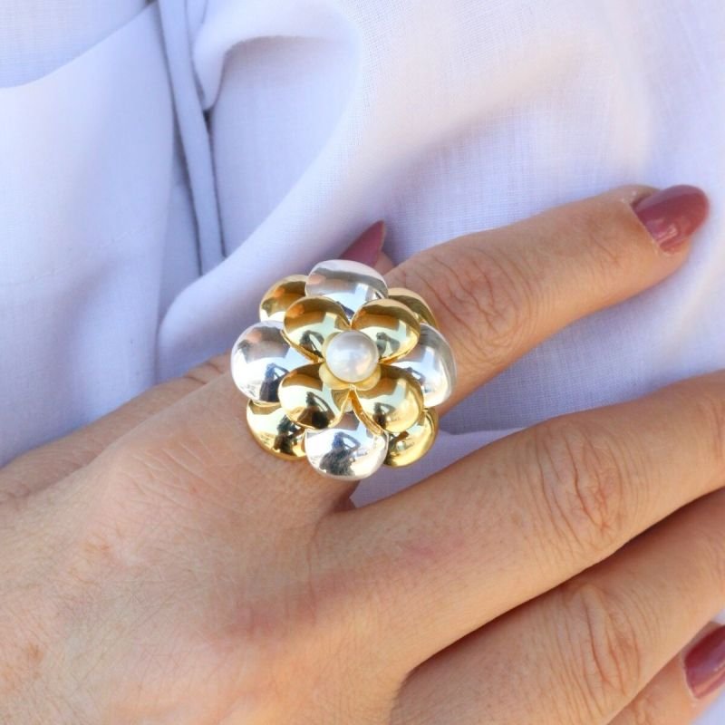 Anel Flor de Três Trevos Banhado no Prata e Ouro 18k