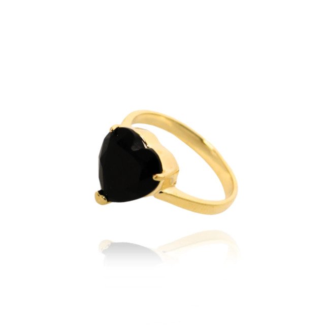Anel Solitário de Coração Preto Banhado a Ouro 18k