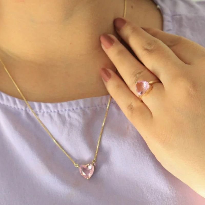 Anel Solitário de Coração Rosa Banhado a Ouro 18k