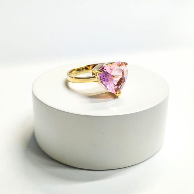 Anel Solitário de Coração Rosa Banhado a Ouro 18k