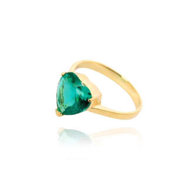 Anel Solitário de Coração Verde Banhado a Ouro 18k