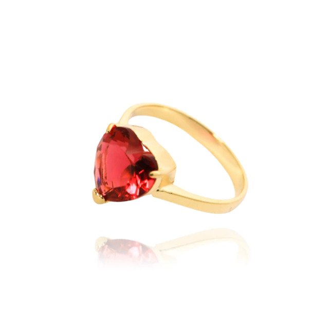Anel Solitário de Coração Vermelho Banhado a Ouro 18k