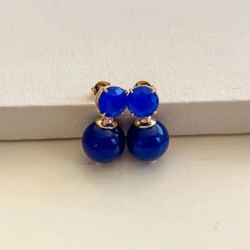 Brinco Base Cristal com Jade Azul Banhado a Ouro 18k