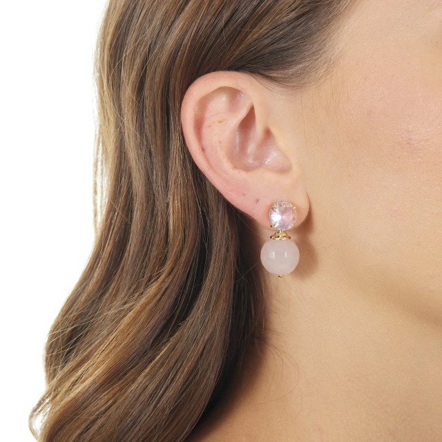 Brinco Base Cristal com Jade Rosa Banhado a Ouro 18k
