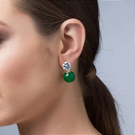 Brinco Base Cristal com Jade Banhado a Ouro 18k