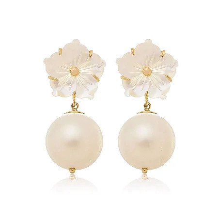 Brinco Base Flor Madrepérola com Pérola Banhado a Ouro 18k