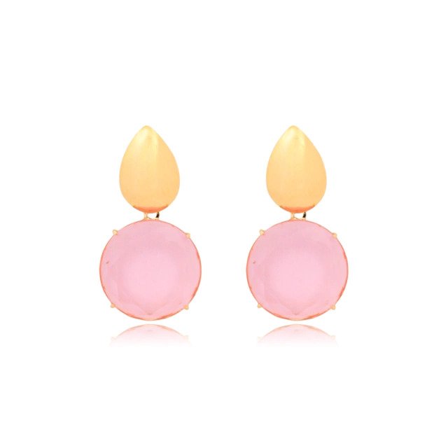 Brinco Base Lisa com Cristal Rosa Banhado a Ouro 18k