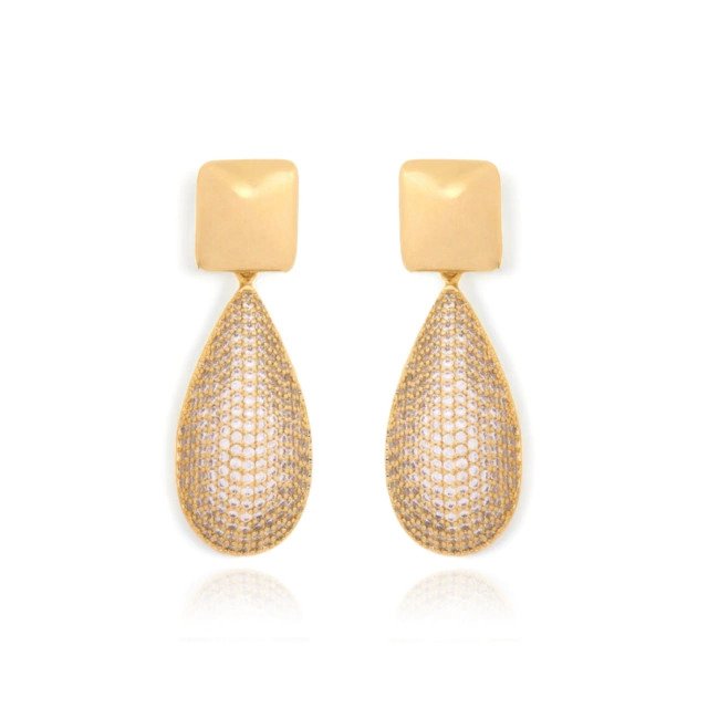 Brinco Base Lisa com Gota Cravejada Banhado a Ouro 18k