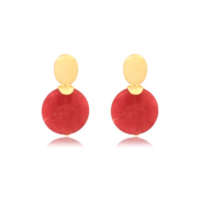 Brinco Base Lisa com Jade Rosa Banhado a Ouro 18k