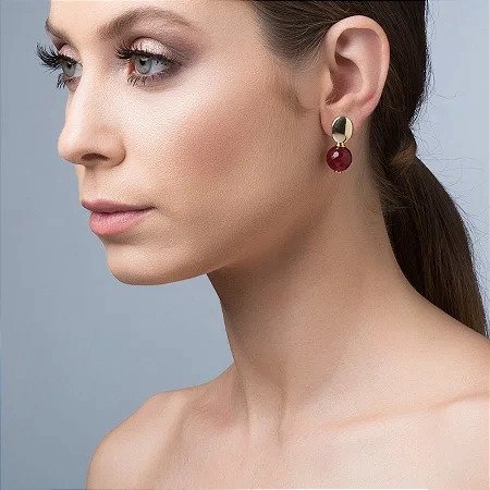 Brinco Base Lisa com Jade Rubi Banhado a Ouro 18k