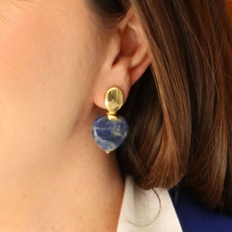 Brinco Base Lisa com Pedra Sodalita Banhado a Ouro 18k