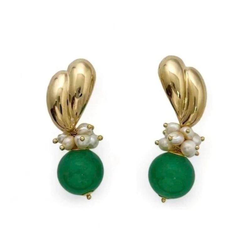 Brinco Base Lisa com Pérolas e Jade Verde Banhado a Ouro 18k