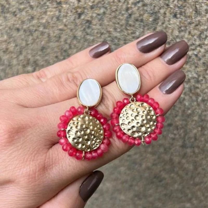 Brinco Base Madrepérola com Discos de Jade Banhado a Ouro 18k