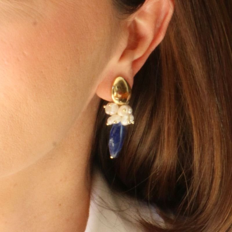 Brinco com Cacho de Pérola e Pedra Banhado a Ouro 18k
