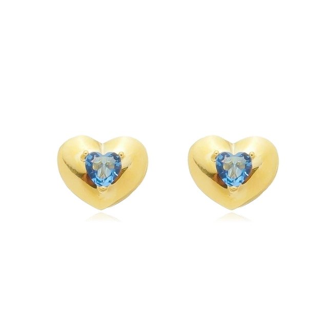 Brinco Coração Liso com Cristal Azul Banhado a Ouro 18k