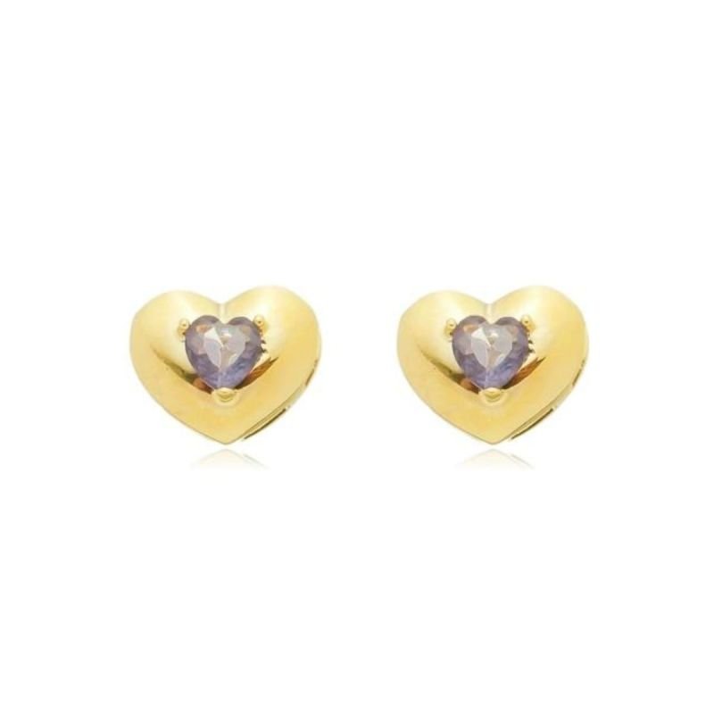 Brinco Coração Liso com Cristal Lilás Banhado a Ouro 18k