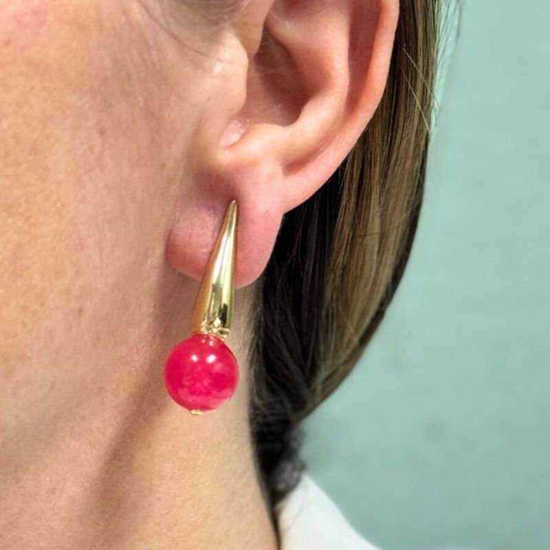 Brinco de Cone com Jade Pink Banhado a Ouro 18k