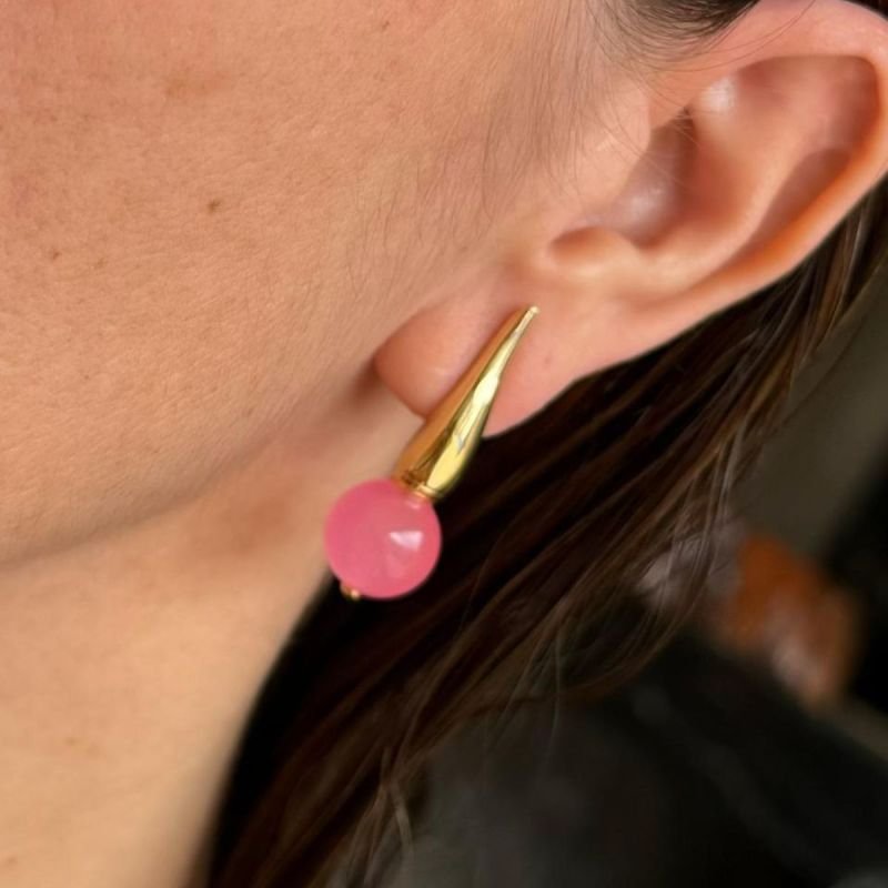 Brinco de Cone com Jade Rosa Banhado a Ouro 18k