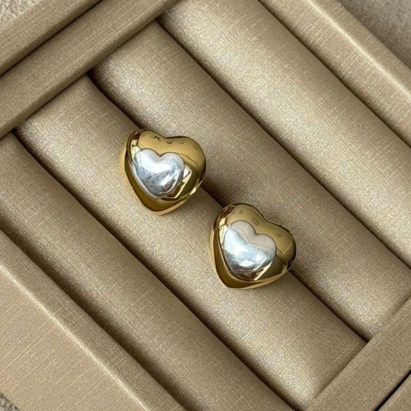 Brinco de Pressão de Coração Abaulado Banhado no Prata e Ouro 18k