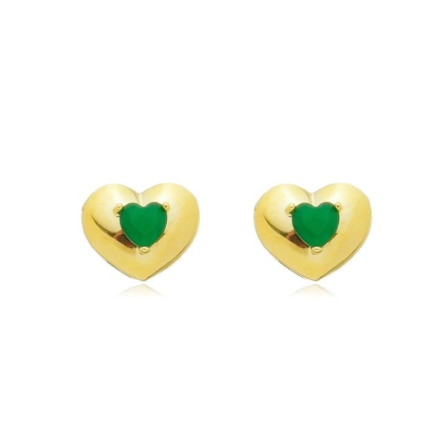 Brinco de Coração Liso com Cristal Verde Banhado a Ouro 18k