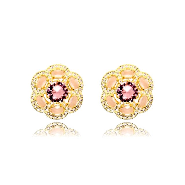 Brinco de Flor Rosa Cravejado Banhado a Ouro 18k