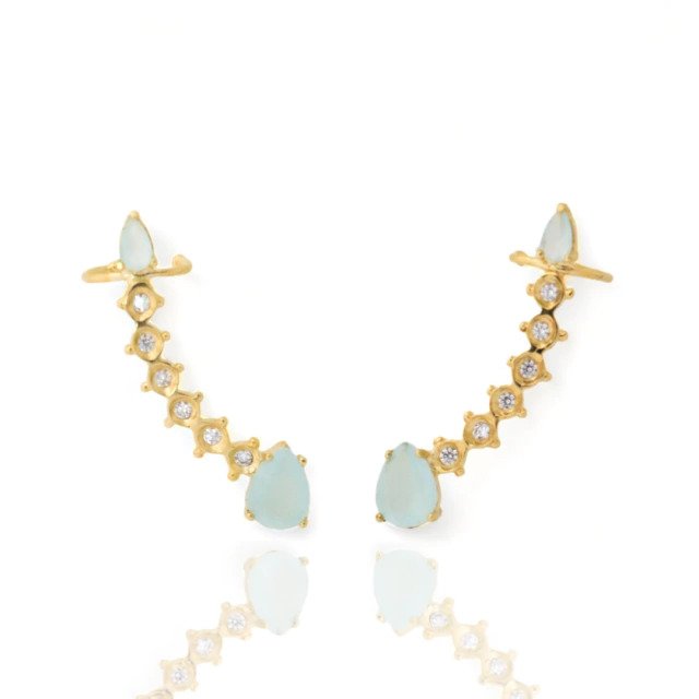 Brinco Earcuff com Gota Azul Claro Banhado a Ouro 18k