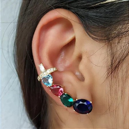 Brinco Earcuff de Coração Colorido Banhado a Ouro 18k