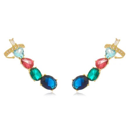 Brinco Earcuff de Coração Colorido Banhado a Ouro 18k