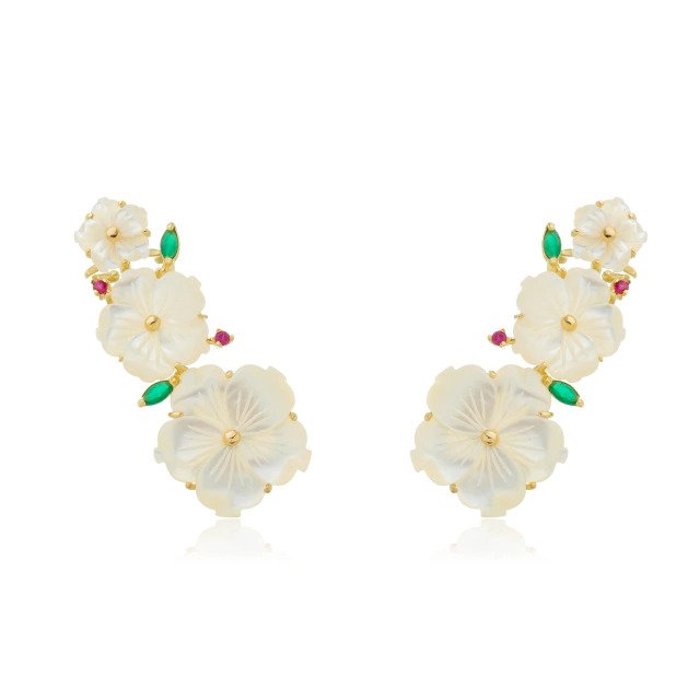 Brinco Earcuff de Flor de Madrepérola Banhado a Ouro 18k