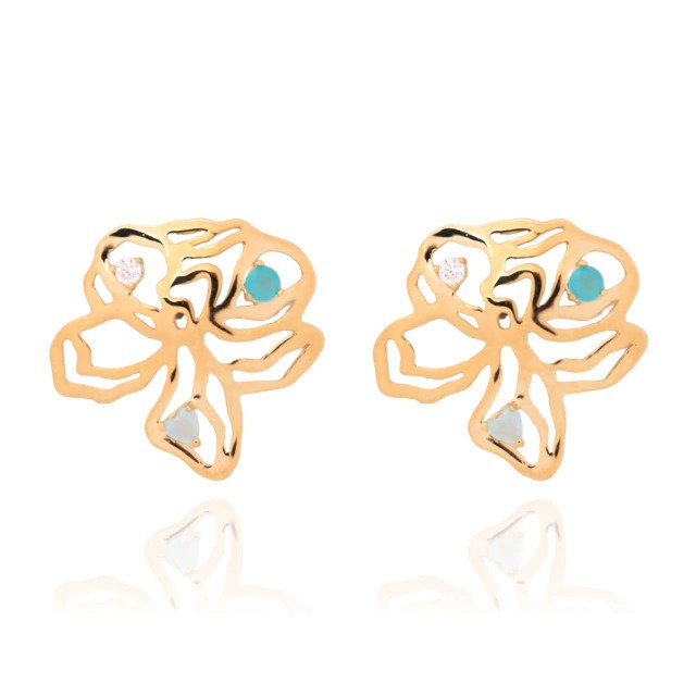 Brinco Flor de Orquídea com Zircônia Azul Banhado a Ouro 18k