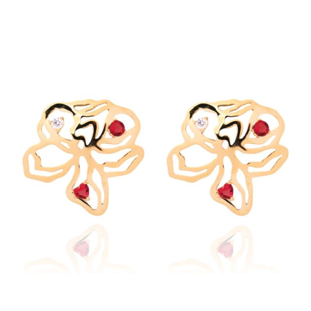 Brinco Flor de Orquídea com Zircônia Pink Banhado a Ouro 18k