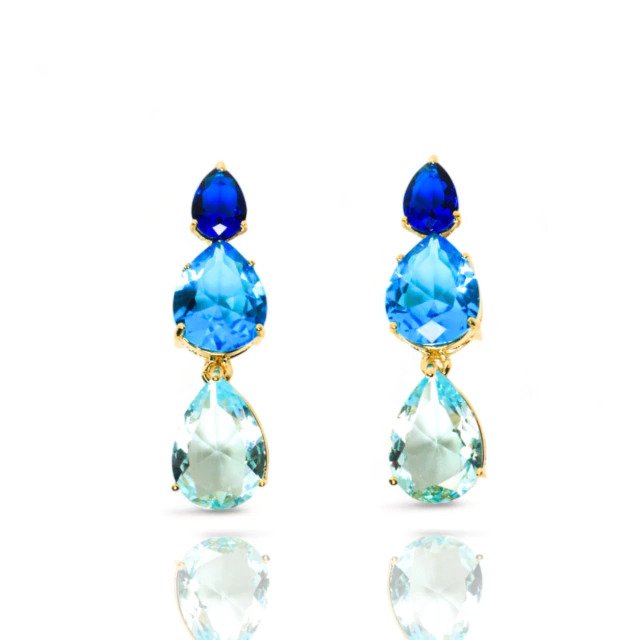 Brinco Gota de Cristal Azul Banhado a Ouro 18k