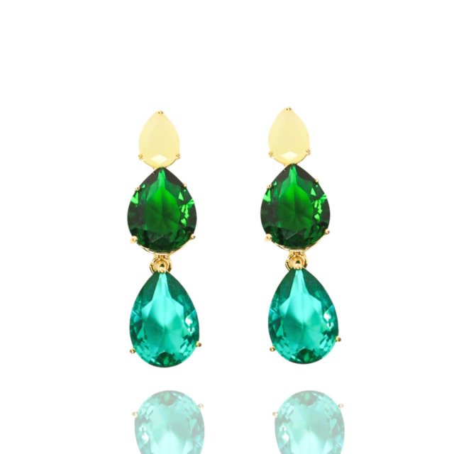 Brinco Gota de Cristal Verde Banhado a Ouro 18k