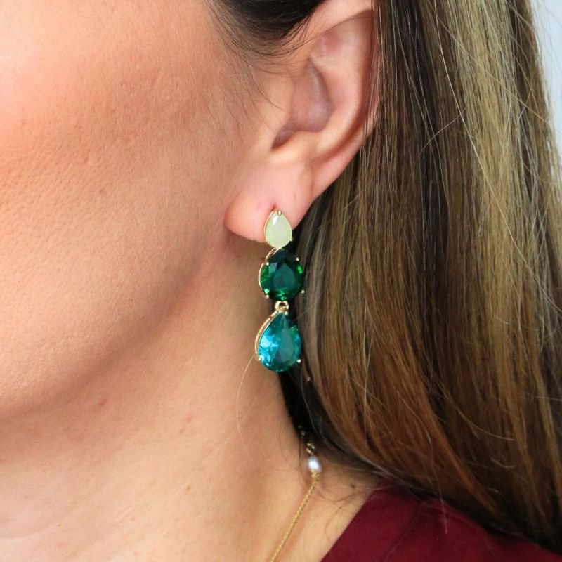 Brinco Gota de Cristal Verde Banhado a Ouro 18k