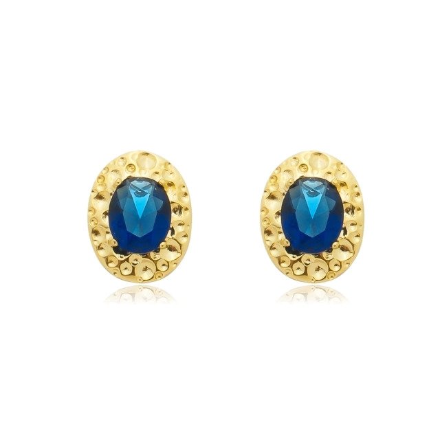 Brinco Oval com Cristal Azul Banhado a Ouro 18k