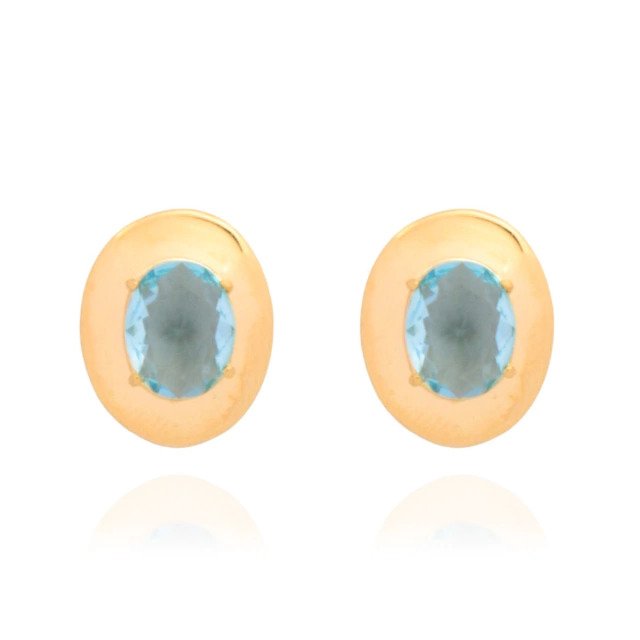Brinco Oval com Cristal Azul Banhado a Ouro 18k