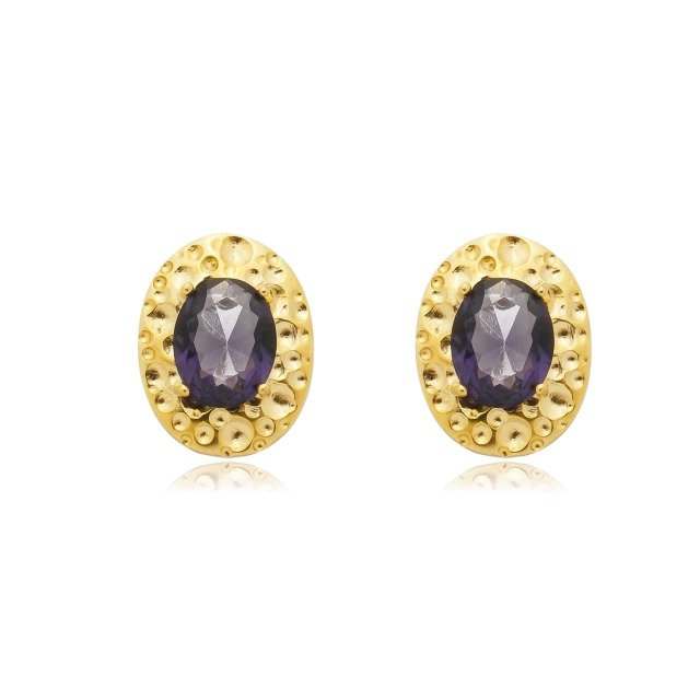 Brinco Oval com Cristal Roxo Banhado a Ouro 18k