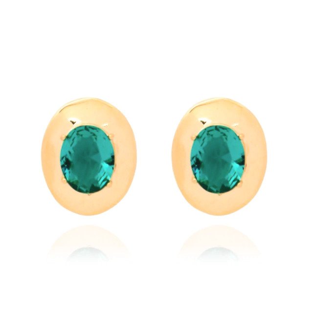 Brinco Oval com Cristal Verde Banhado a Ouro 18k