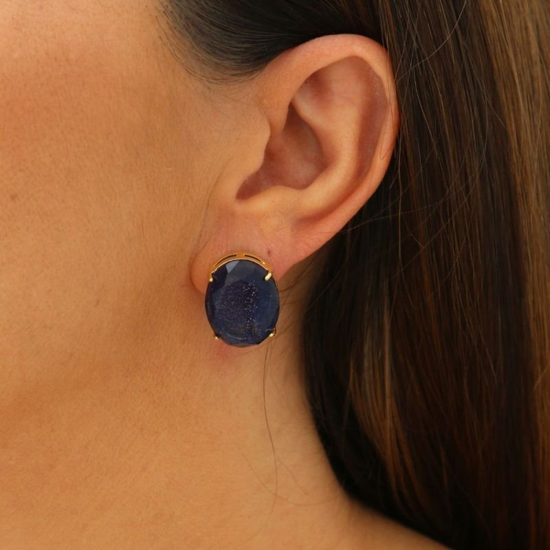 Brinco Oval de Cristal Azul Banhado a Ouro 18k