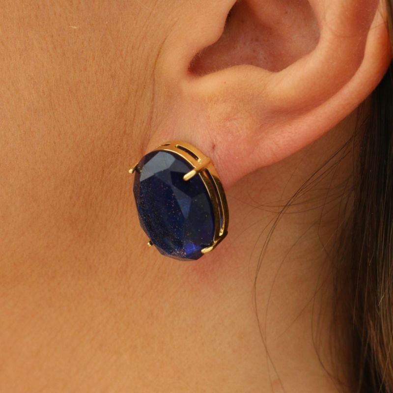 Brinco Oval de Cristal Azul Banhado a Ouro 18k