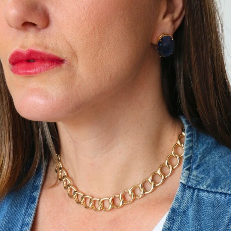Brinco Oval de Cristal Azul Banhado a Ouro 18k