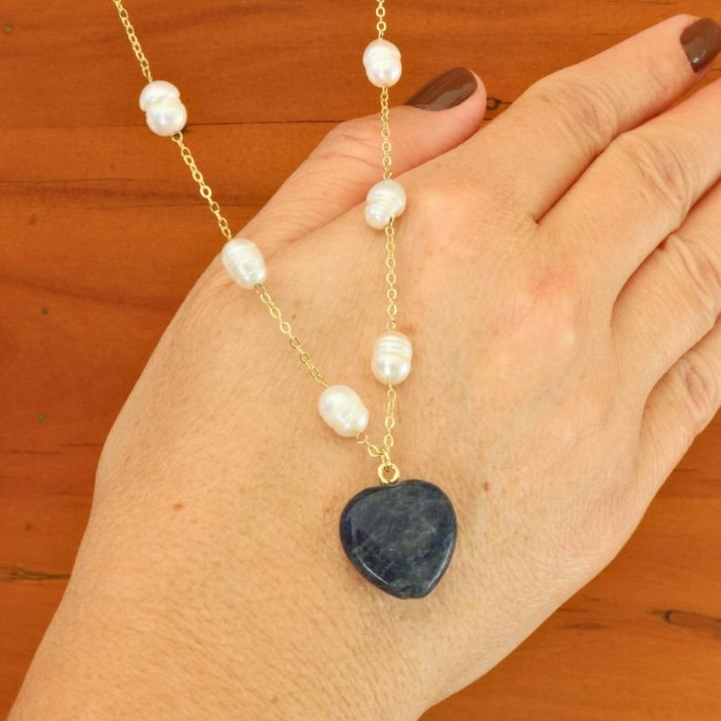 Colar com Pérola e Pedra Sodalita Banhado a Ouro 18k