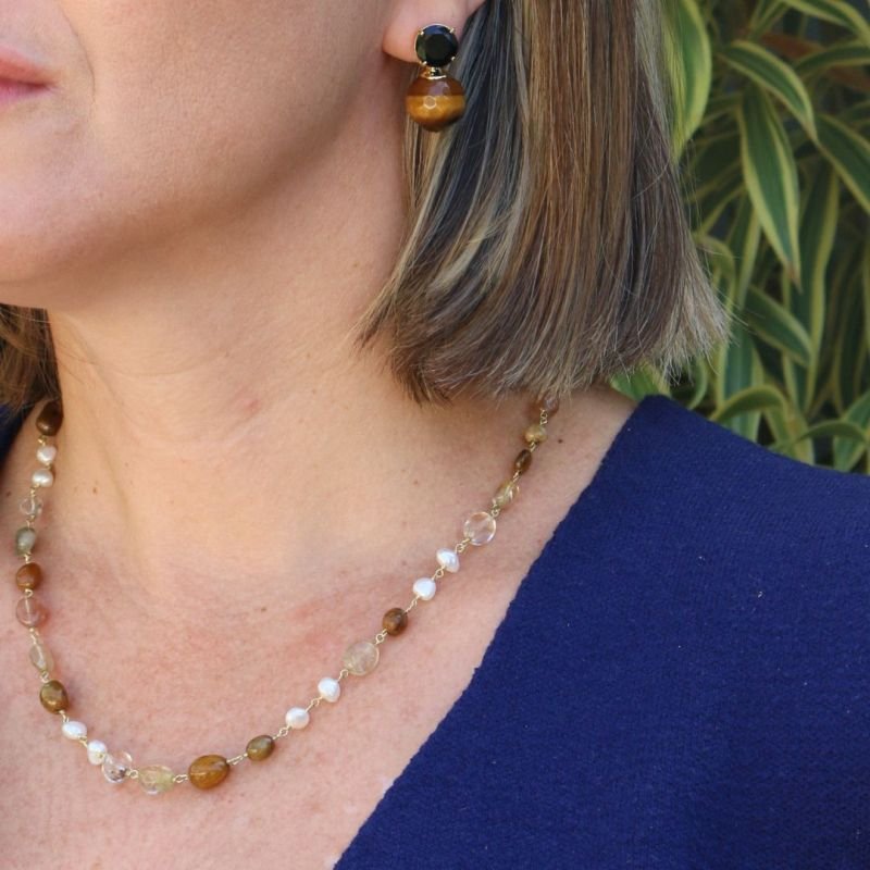 Colar com Pérola e Pedras Naturais Banhado a Ouro 18k