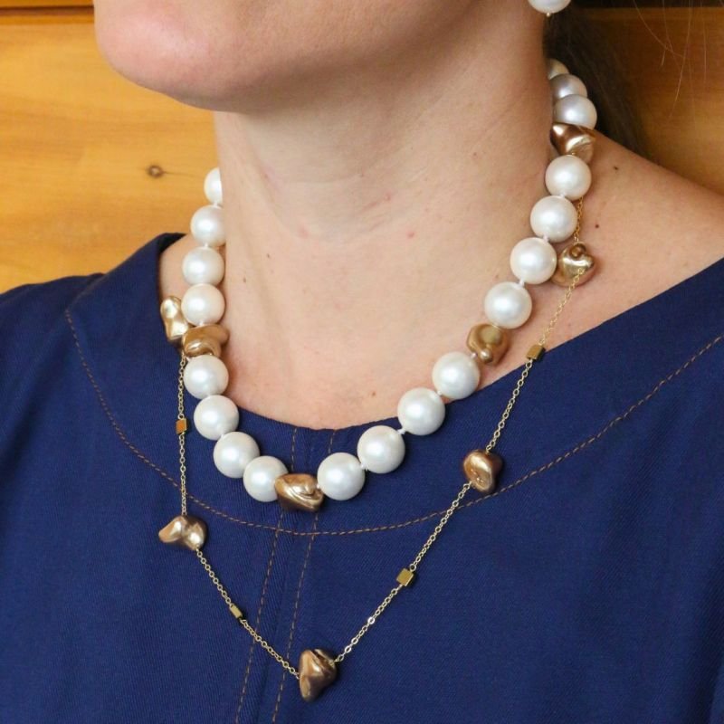 Colar com Pérola Shell e Pérola Bronze Banhado a Ouro 18k