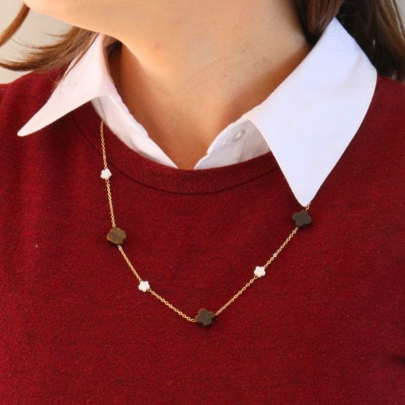 Colar com Trevo de Pedra Banhado a Ouro 18k
