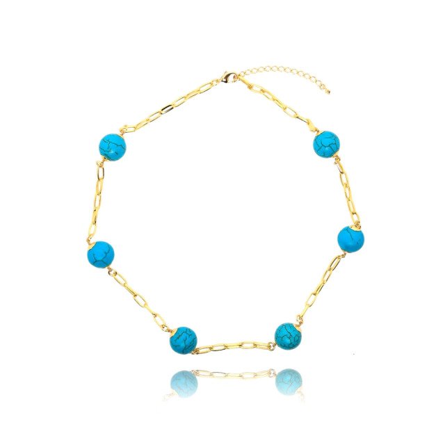 Colar Curto com Bola Turquesa Banhado a Ouro 18k