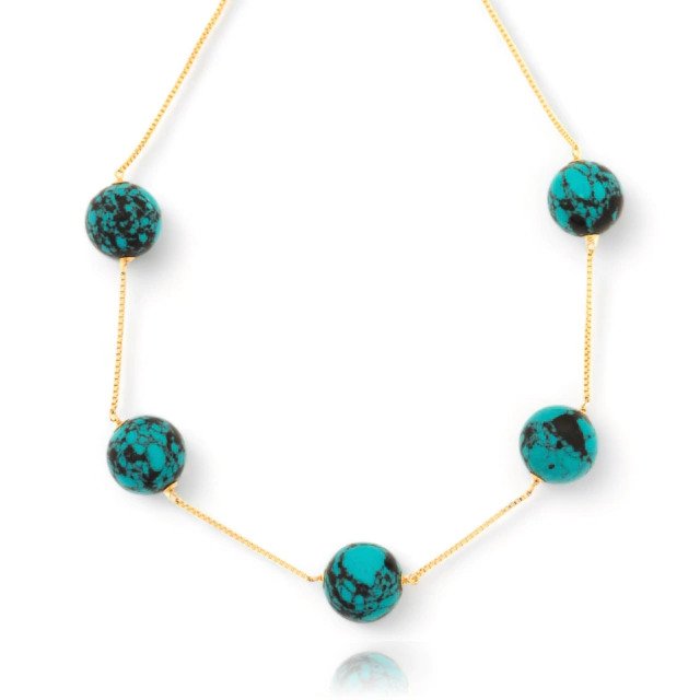 Colar Curto com Pedra Turquesa Banhado a Ouro 18k
